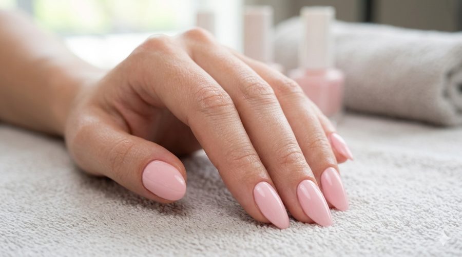 Manicure em tom rosa claro